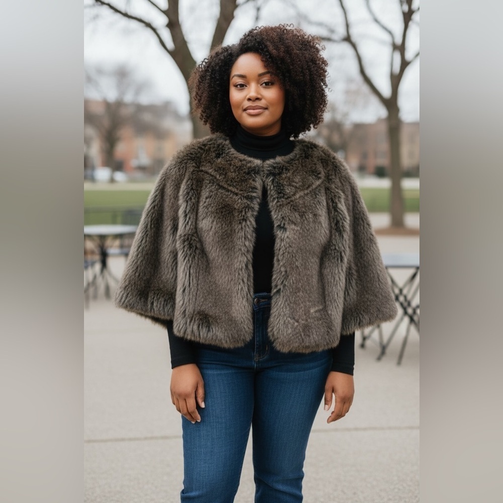 Eliza J Luxurious Faux Fur Cape - Deep Brown - Casual Streetwear- Size M